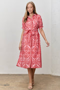 Floral Print Waist Tie Midi Shirt Dress(extended sizes)