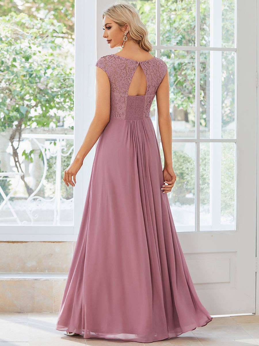 Cap Sleeve A Line Lace & Chiffon Evening Dress