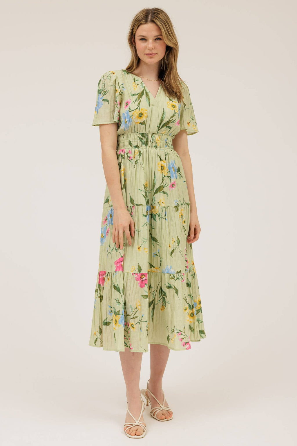 Floral Short Sleeve Tiered Midi Dress