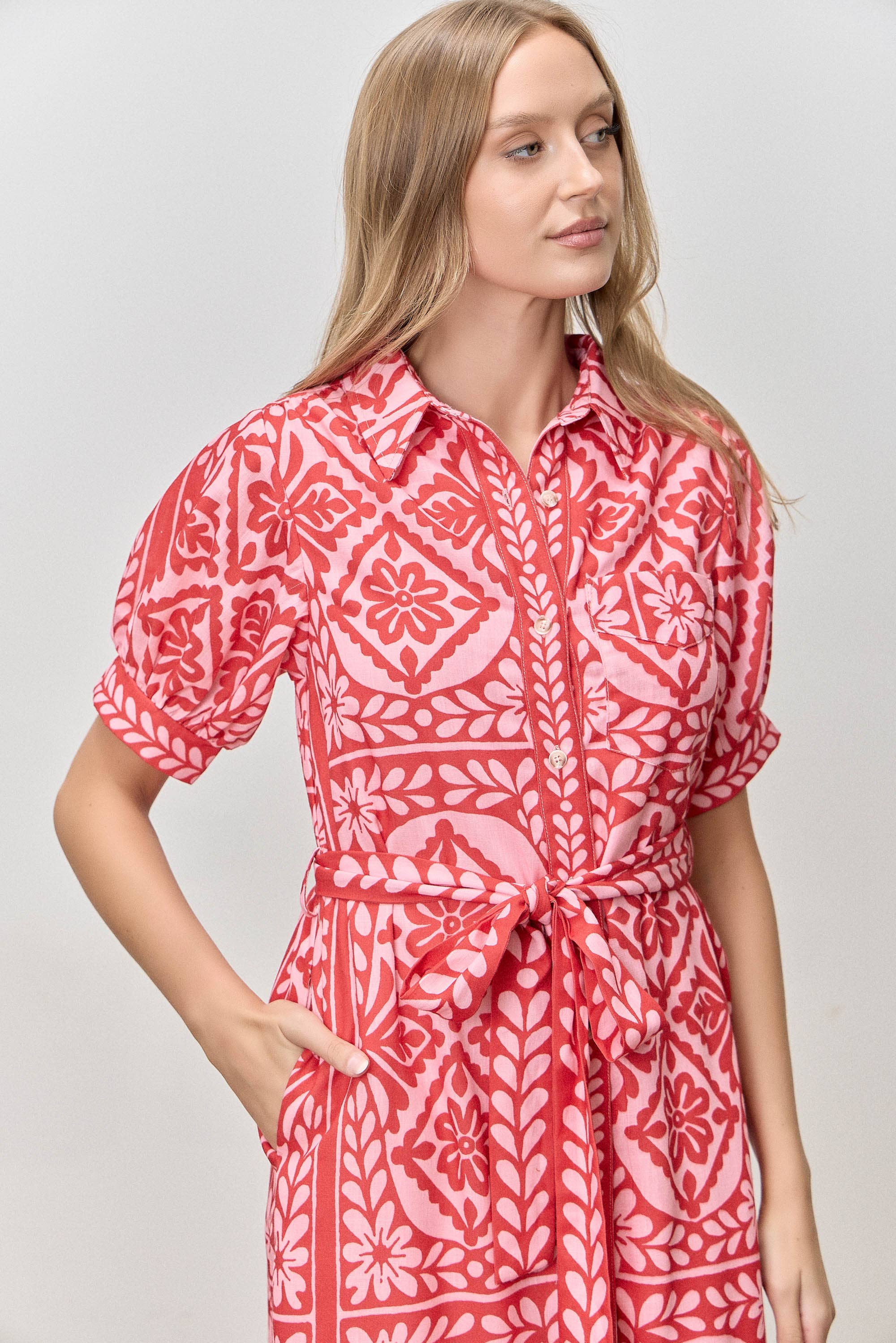 Floral Print Waist Tie Midi Shirt Dress(extended sizes)
