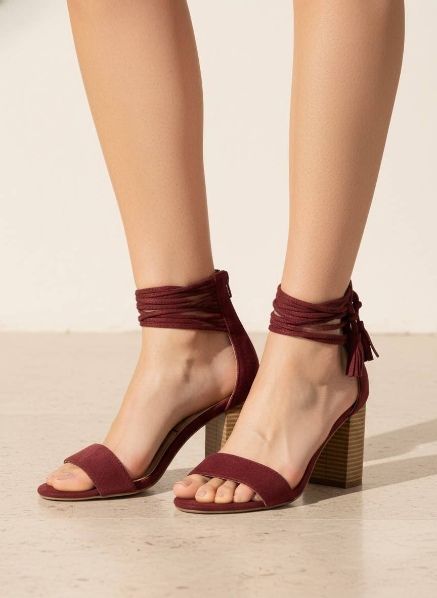 CCOCCI-3 Tassel Wrap Ankle Strap Block Heel Sandals