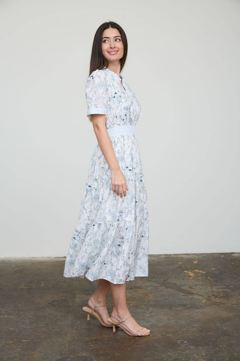 Blooming Print Split Neck Short Sleeve Midi Dress