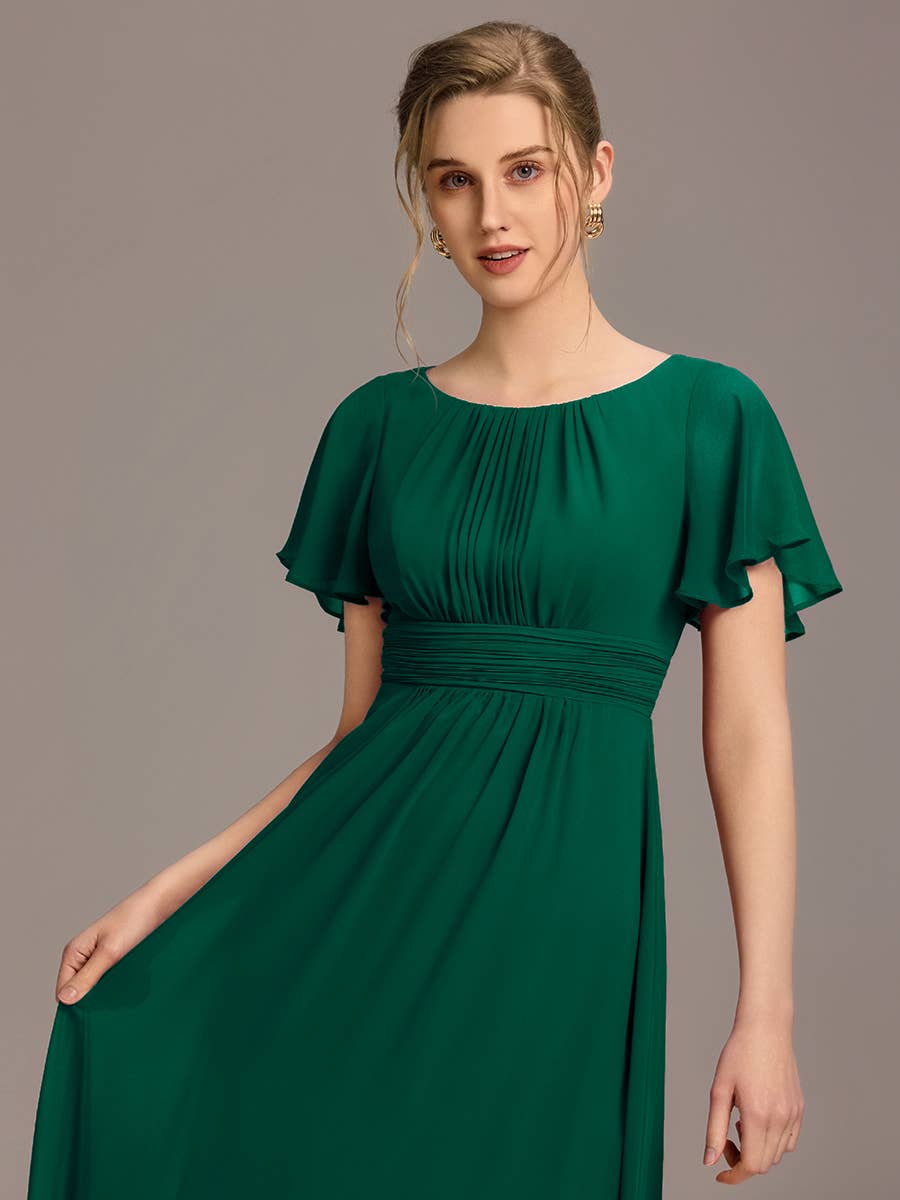 Round Neck Floor-length Pleated Dress
