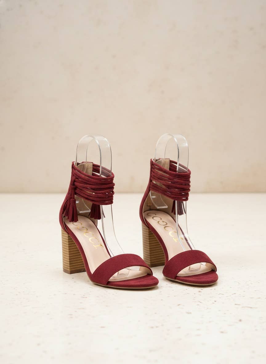 CCOCCI-3 Tassel Wrap Ankle Strap Block Heel Sandals