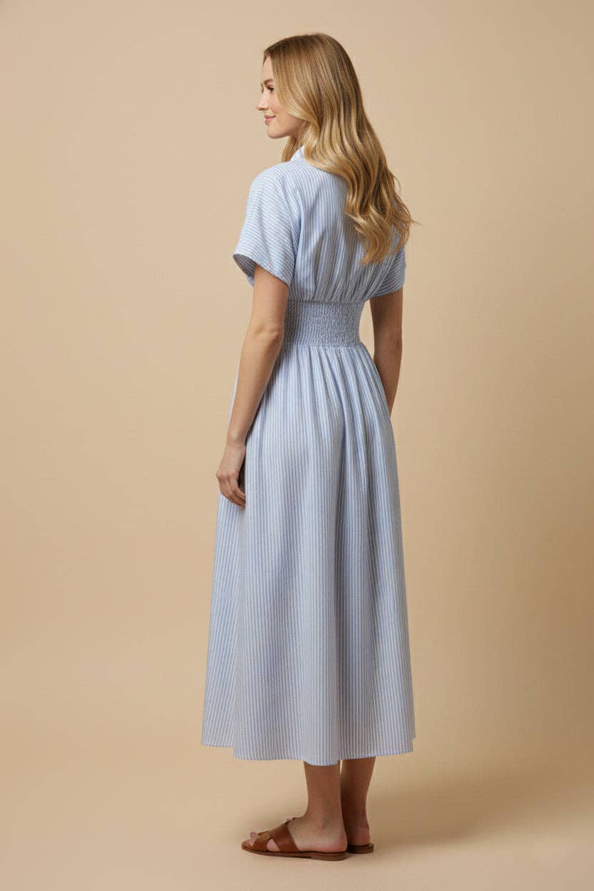 Women Button Down Pintucked Waist Dress