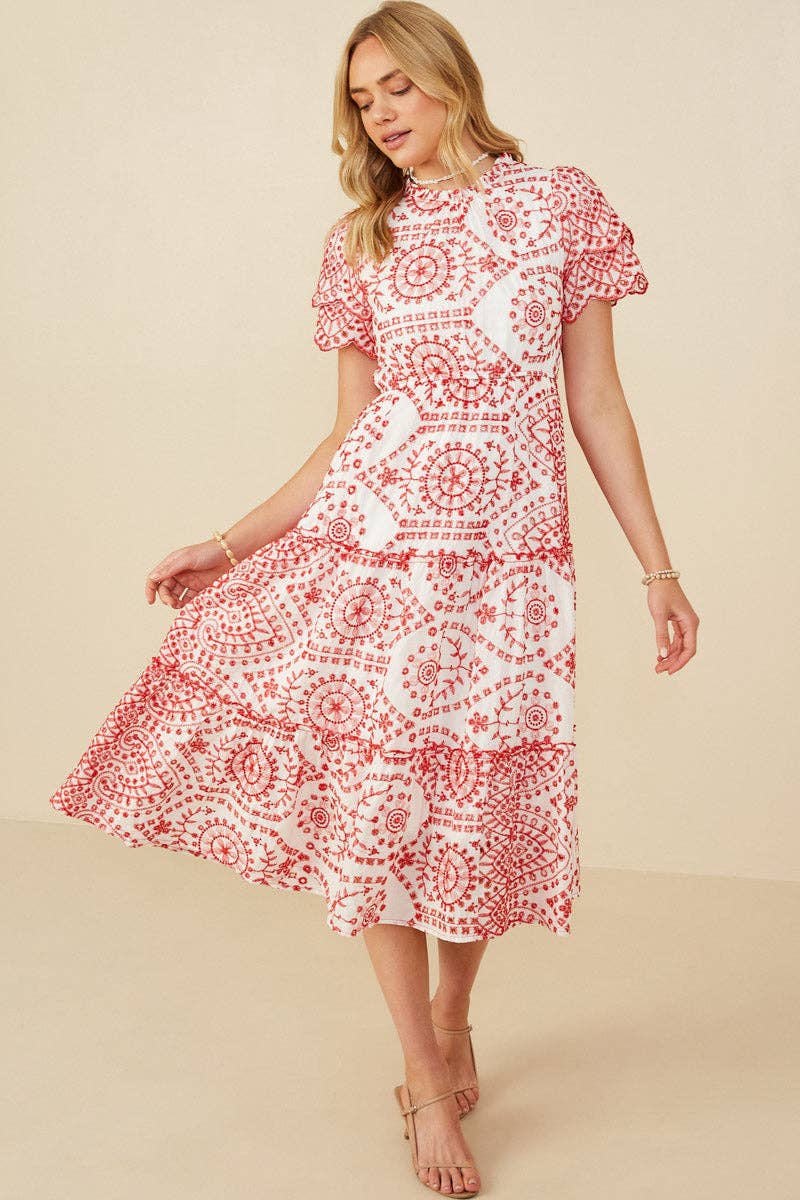 Womens Eyelet Lace Scallop Sleeve Midi Dress