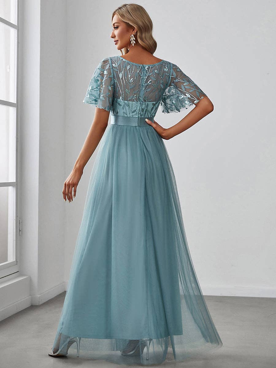Sequin Print Maxi Long Evening Dress with Cap Sleeve