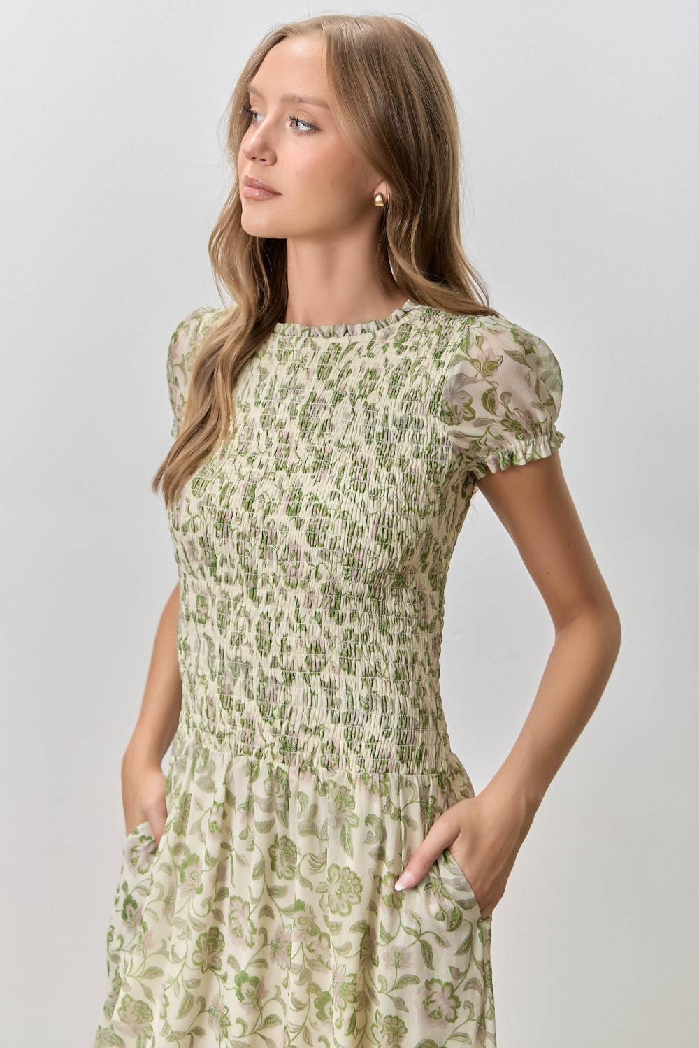 Floral Print Smocked Bodice Short Sleeve Midi Dress