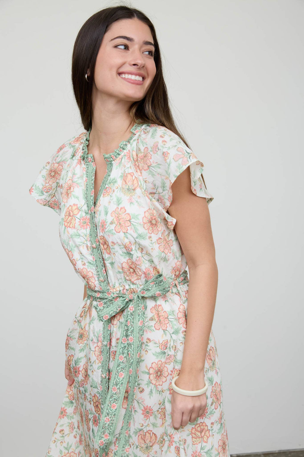 Floral Border Print Belt Strap Midi Dress