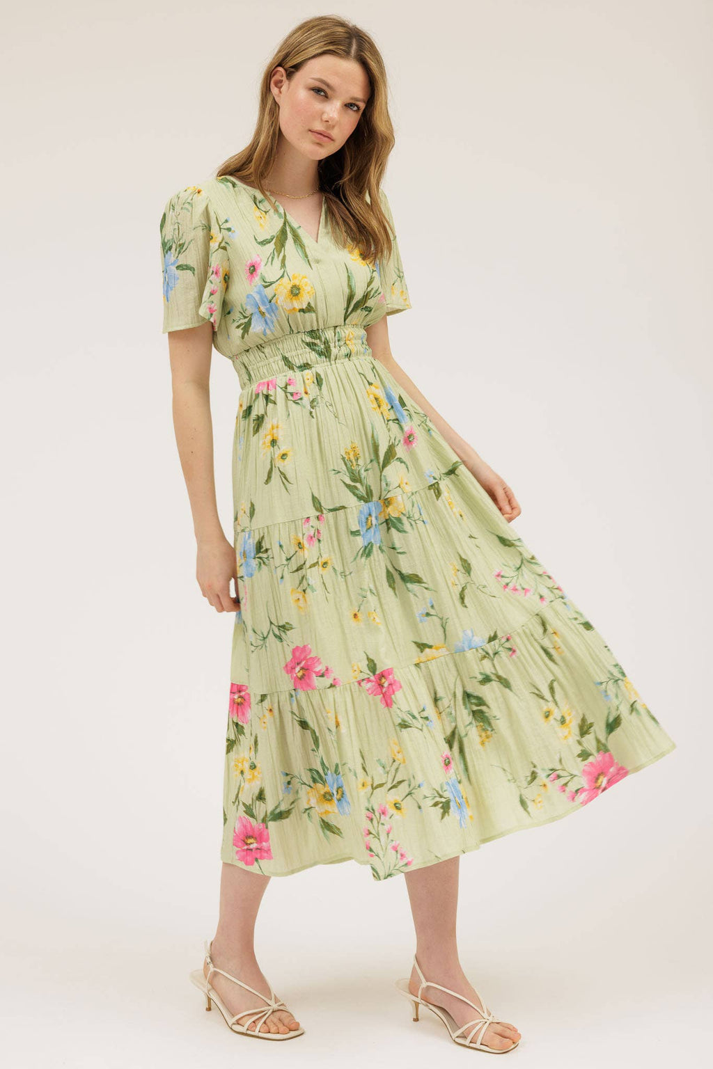 Floral Short Sleeve Tiered Midi Dress