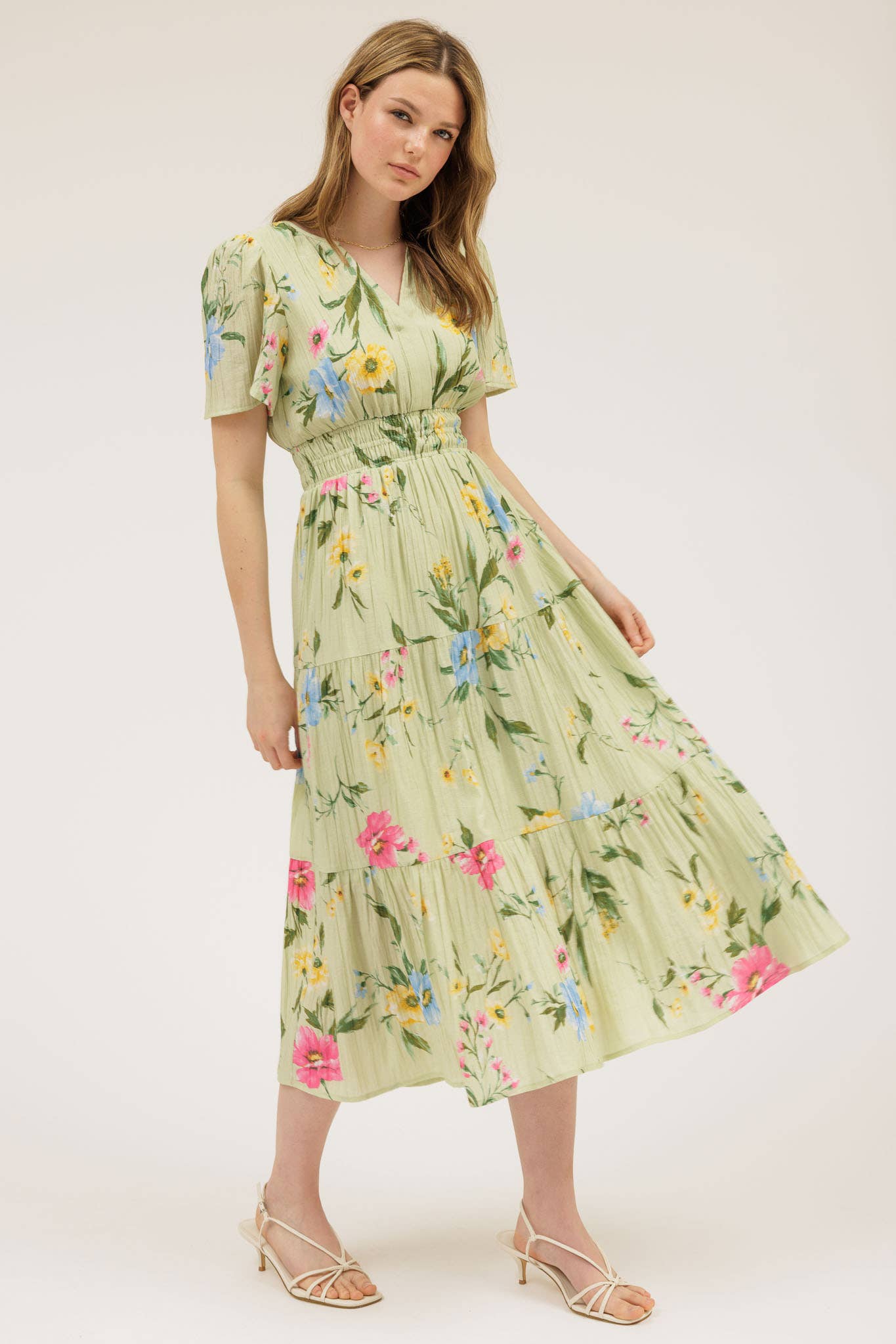 Floral Short Sleeve Tiered Midi Dress