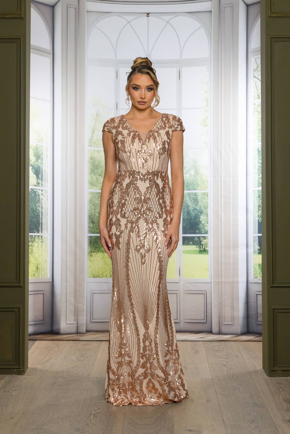 Sequin Maxi Dress with Short Cap Sleeves