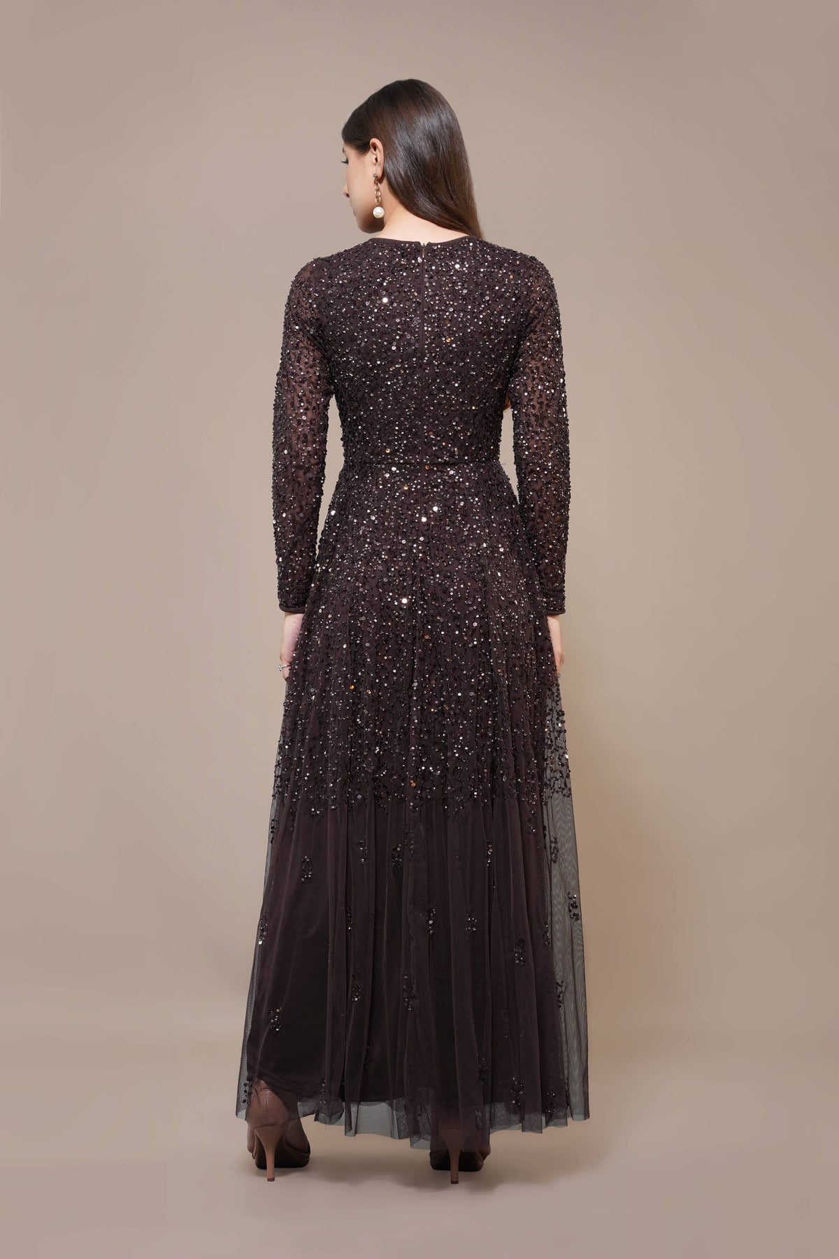 Sila Long Sleeve Embellished Maxi Dress in Coffee Brown