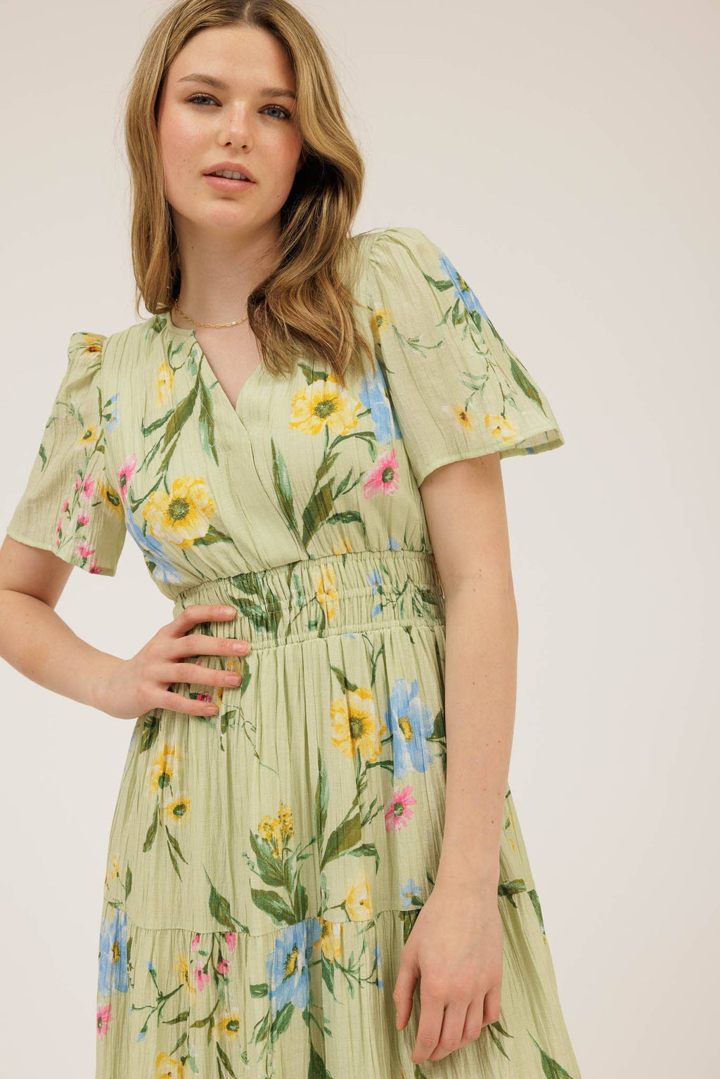 Floral Short Sleeve Tiered Midi Dress