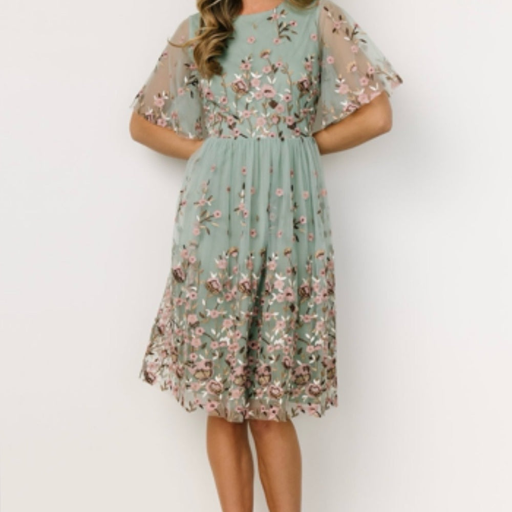 Sage Floral Tulle Midi Dress