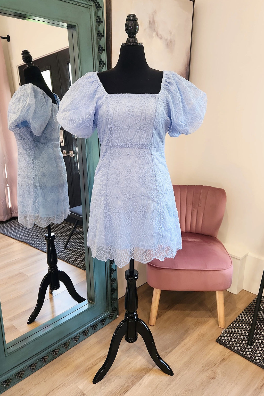 Bohme Maye Lace Dress light blue puff sleeve short dress