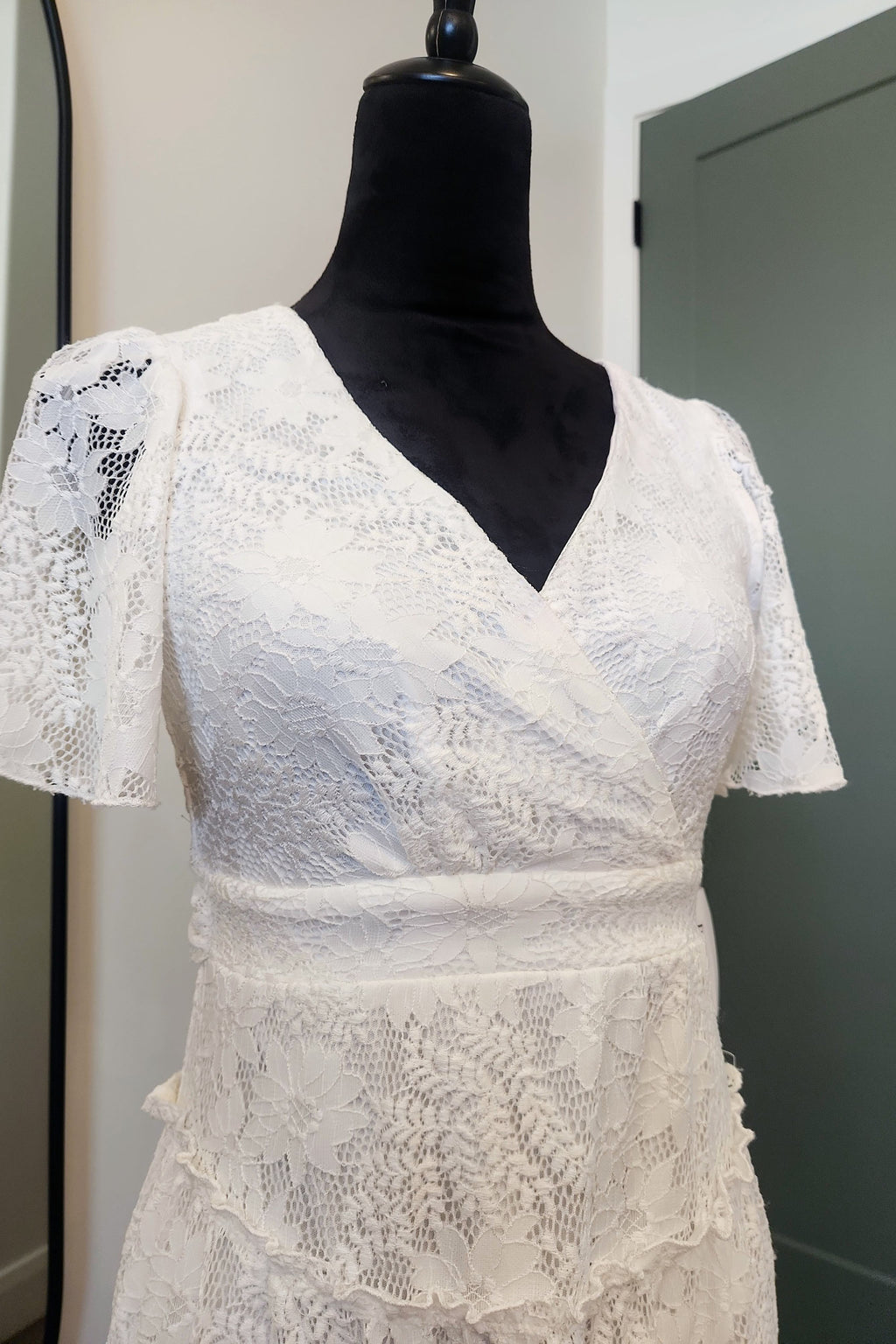 White Lace Flutter Sleeve Tie-Waist Dress