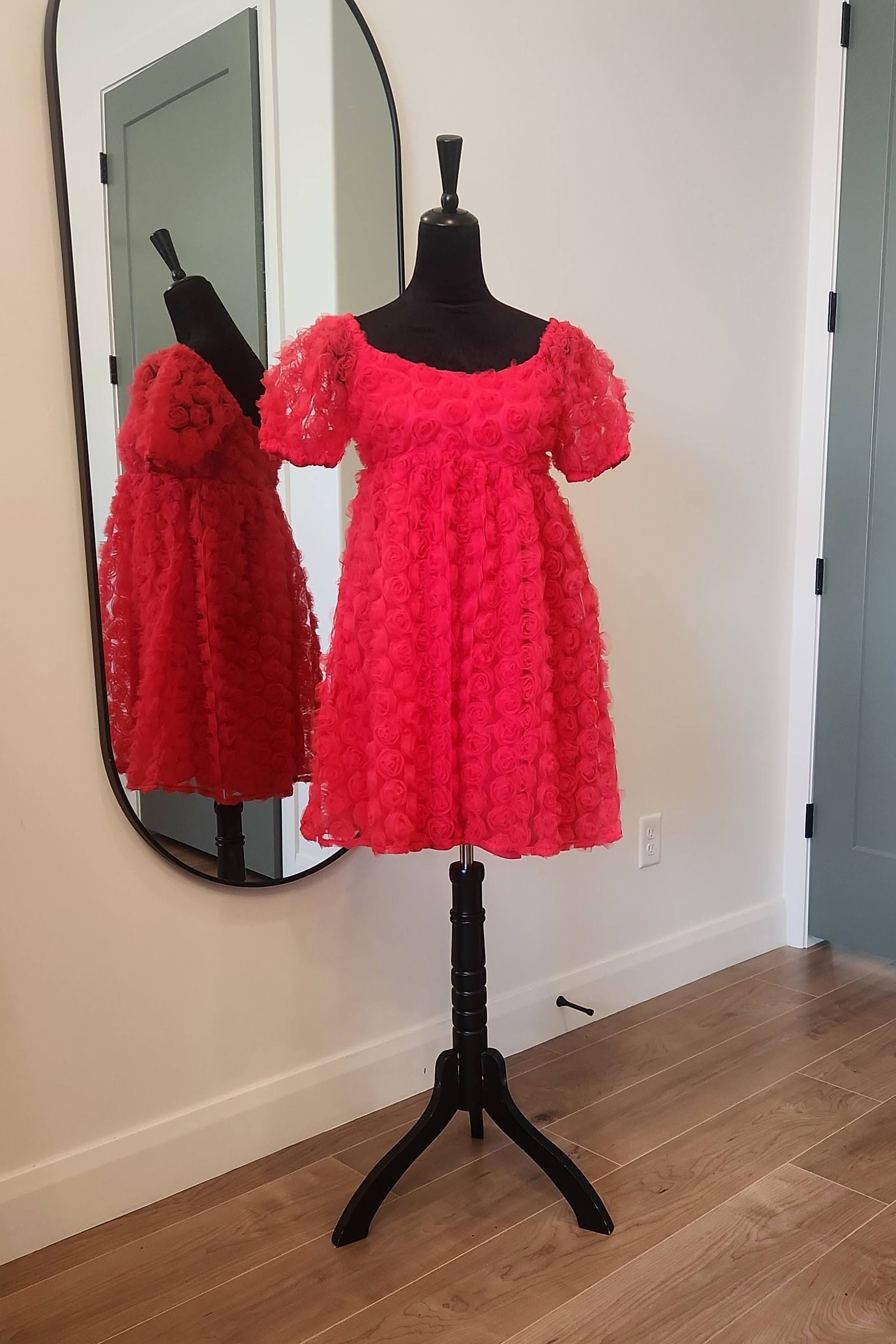 Red Floral Embroidery Puff Sleeve Babydoll Dress