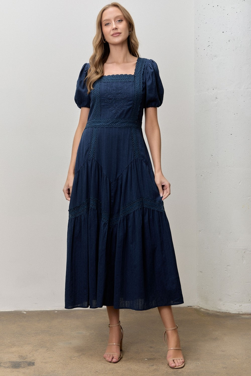 Navy Textured Woven Midi Dress