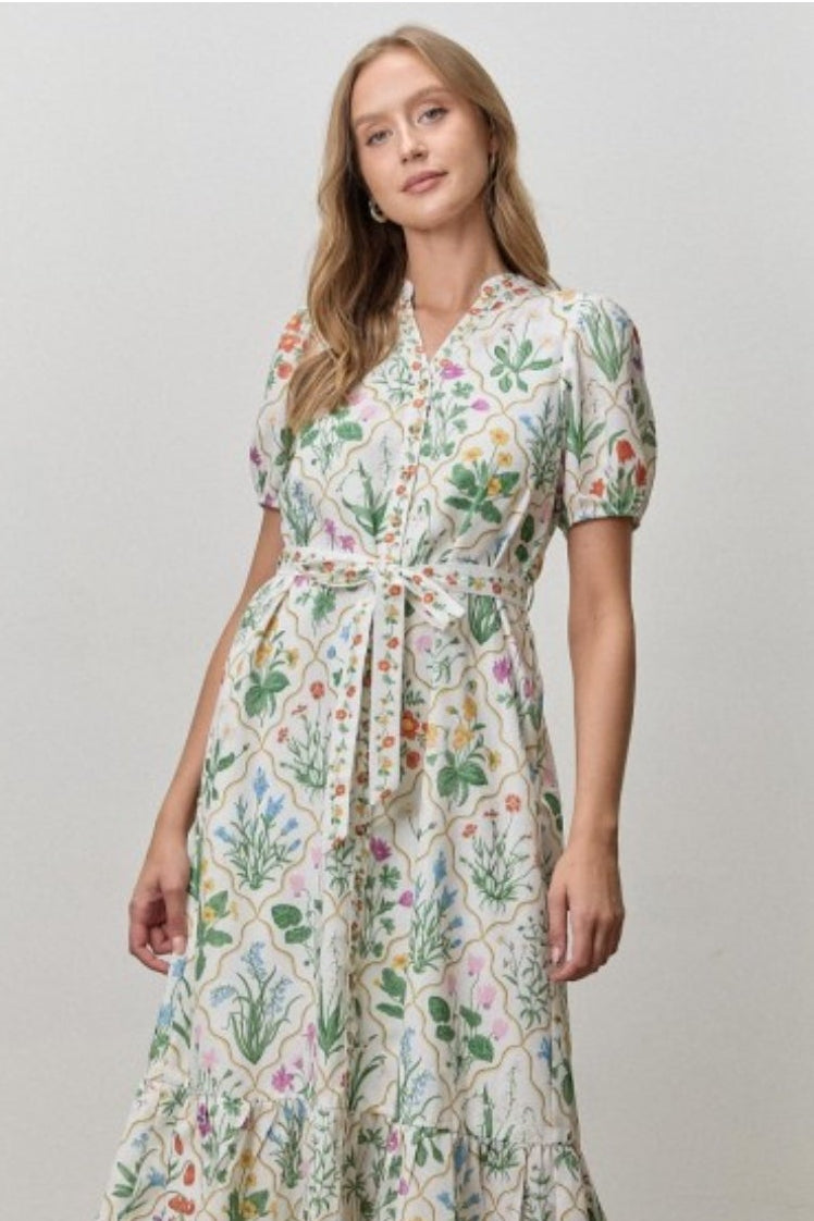 Floral Print Waist Tie Midi Dress