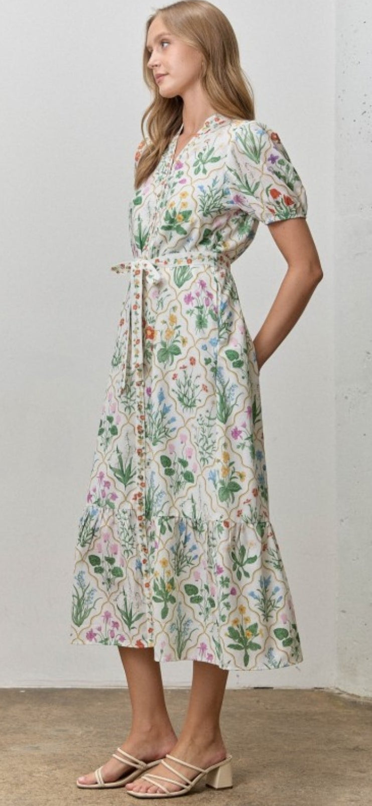 Floral Print Waist Tie Midi Dress