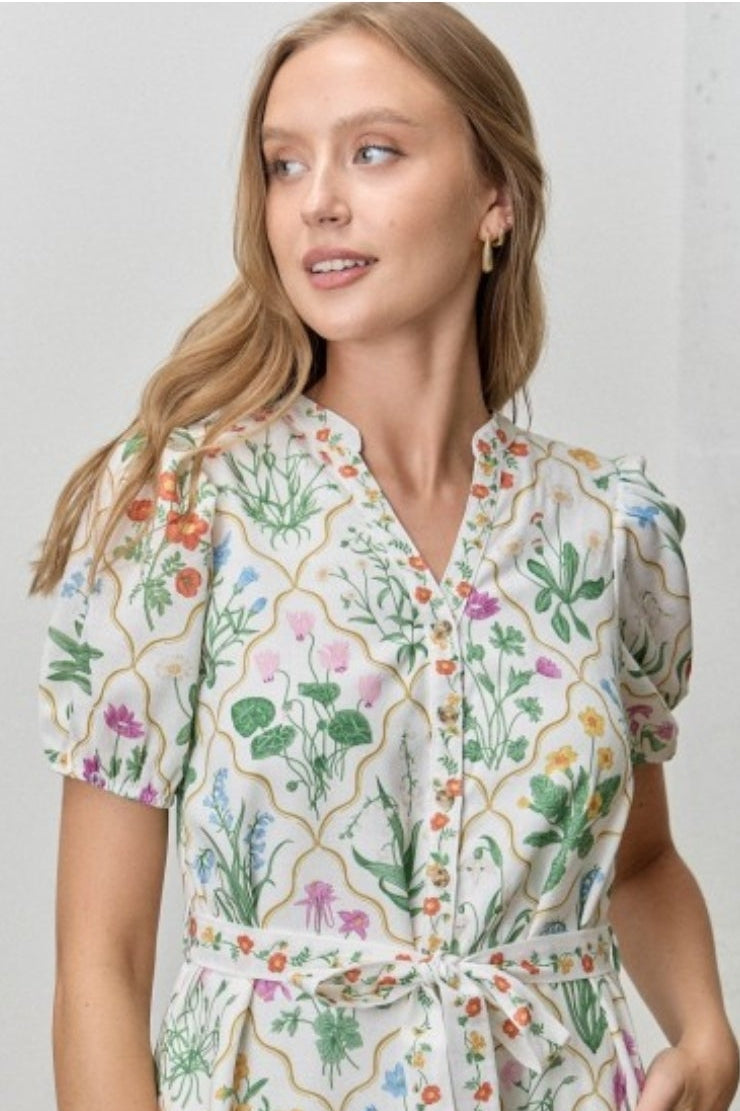 Floral Print Waist Tie Midi Dress