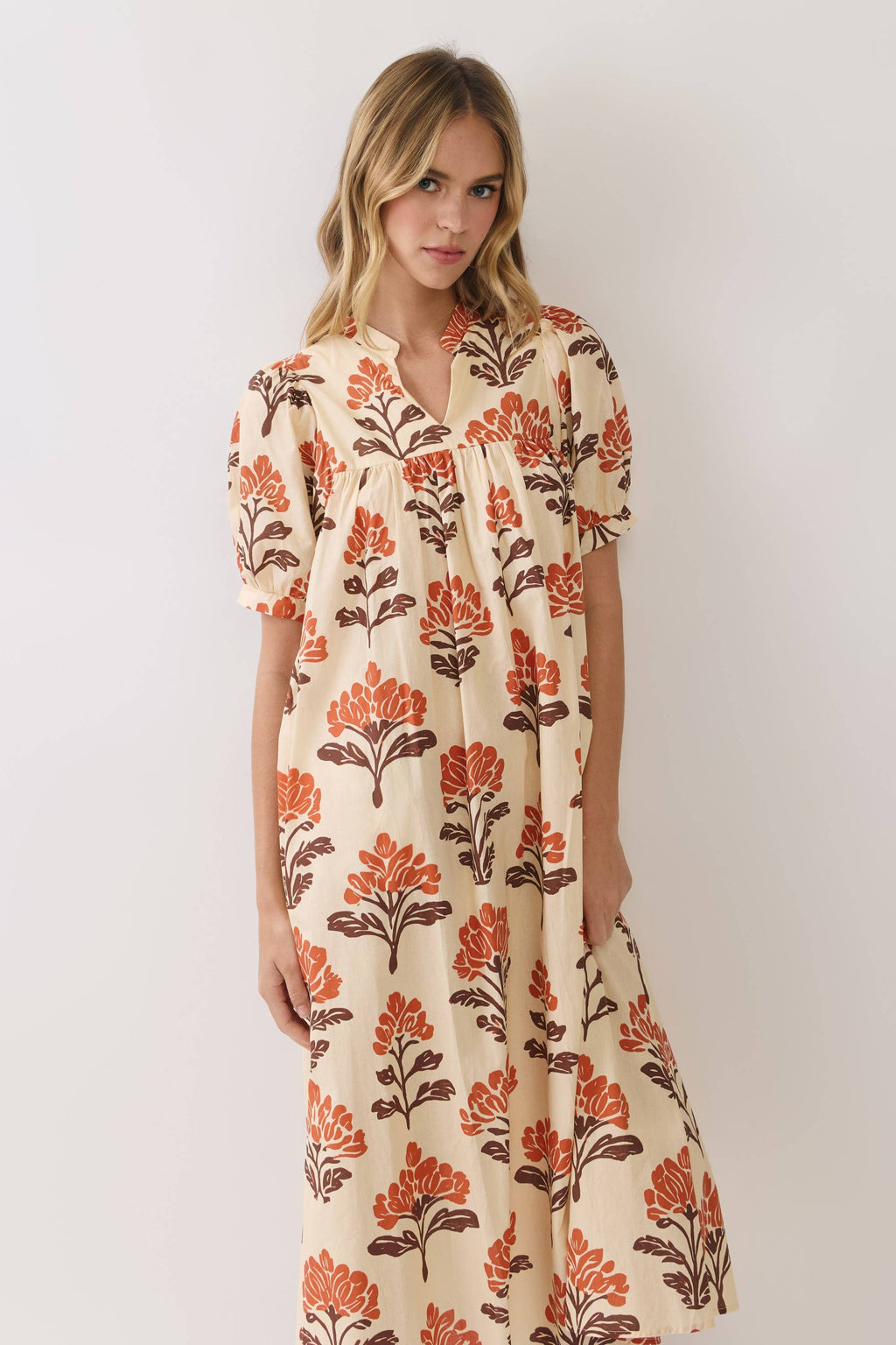 CD07309-Botanical Print Babydoll Midi Dress
