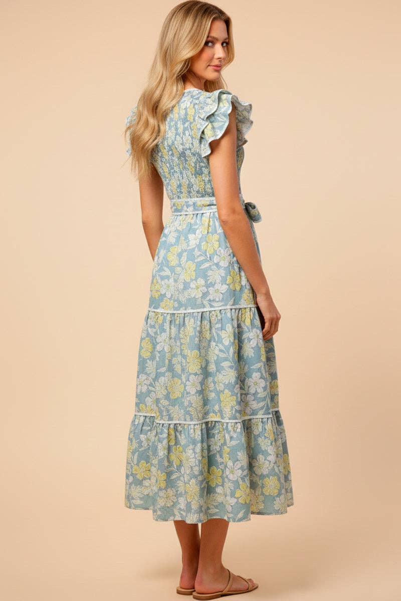 Womens Floral Self Belted Ruffled Sleeve Dress