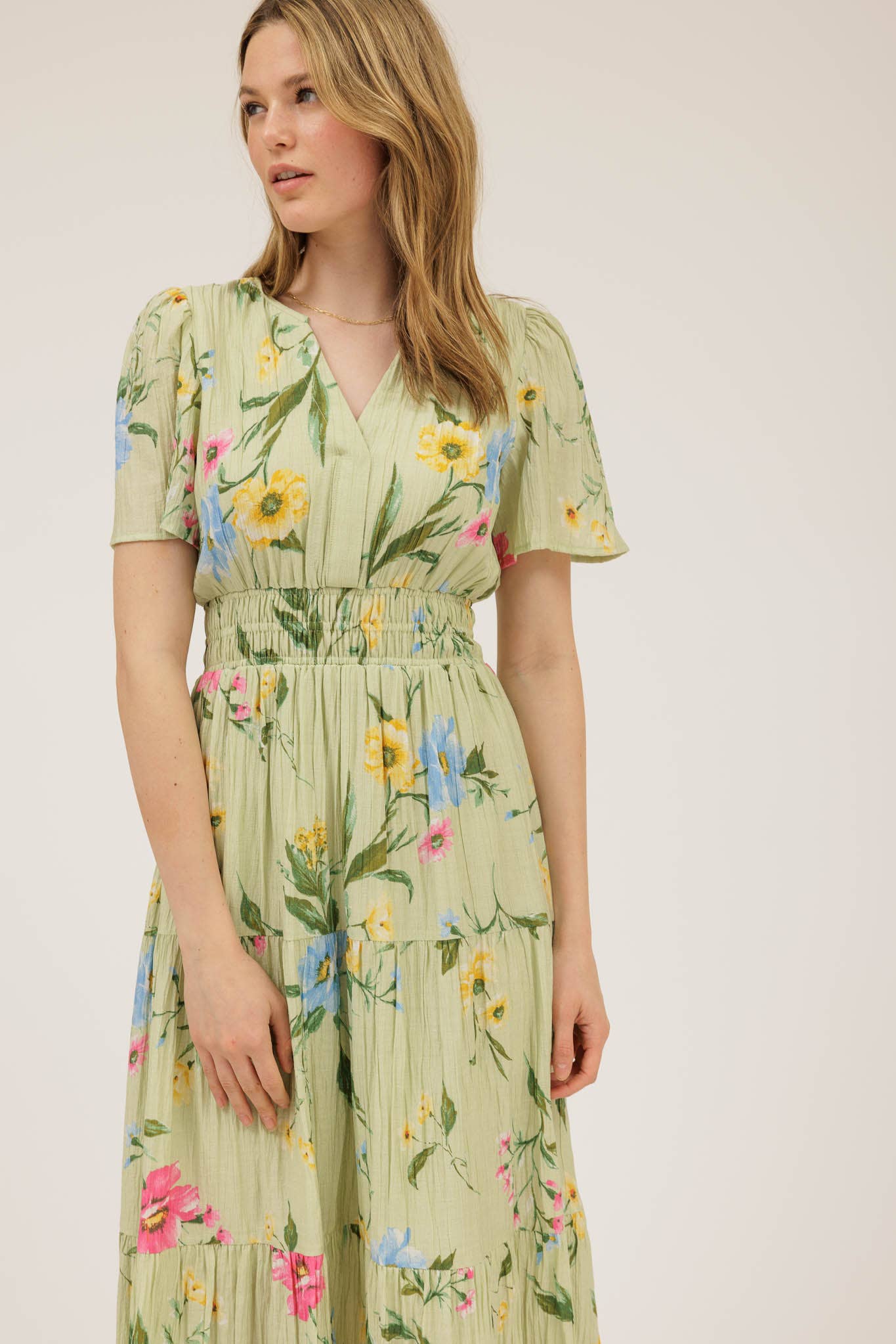 Floral Short Sleeve Tiered Midi Dress