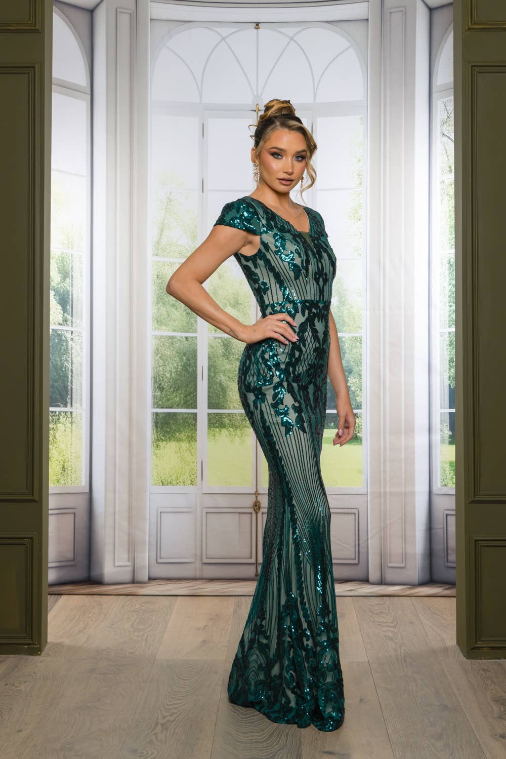 Sequin Maxi Dress with Short Cap Sleeves