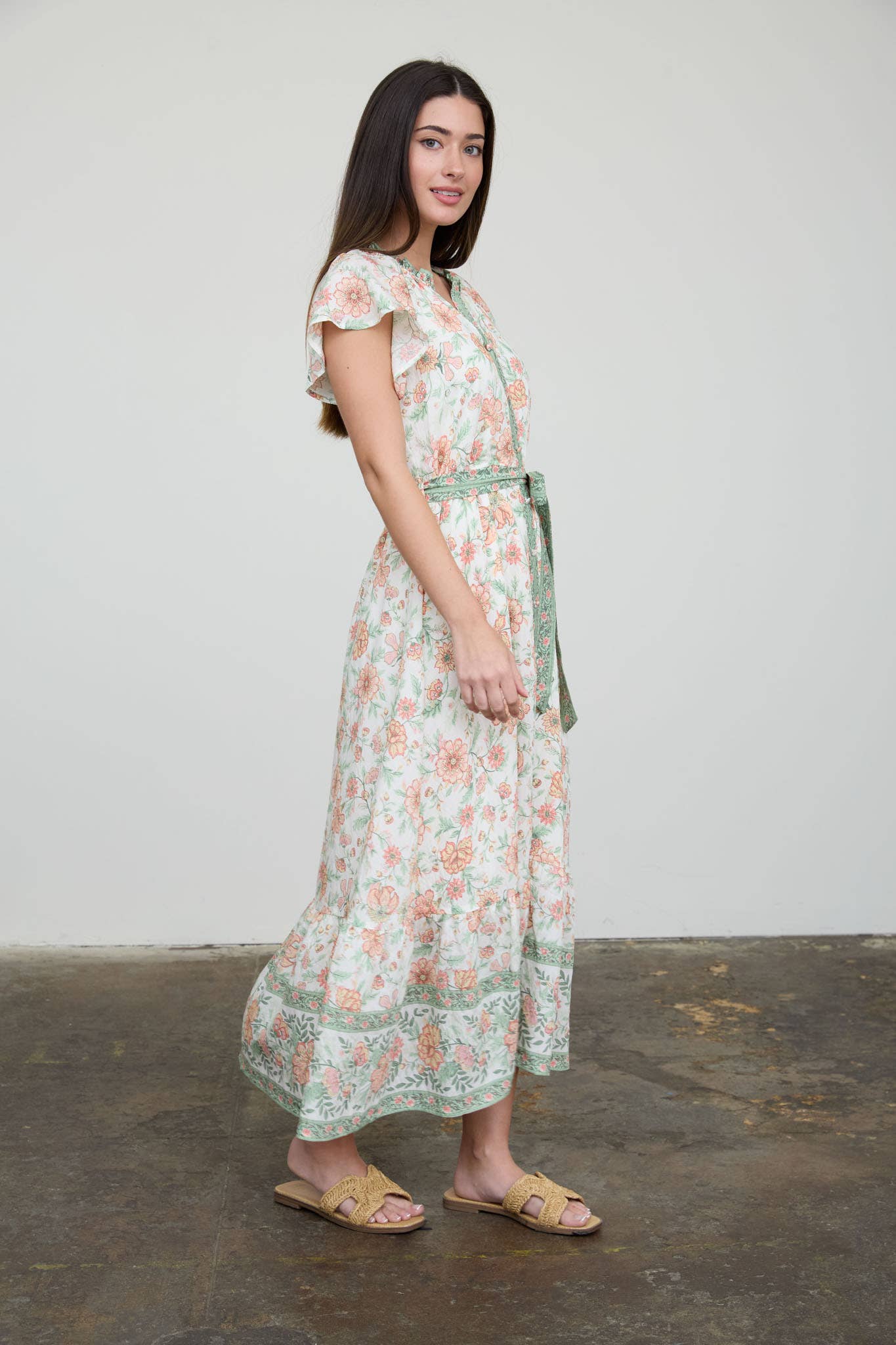 Floral Border Print Belt Strap Midi Dress