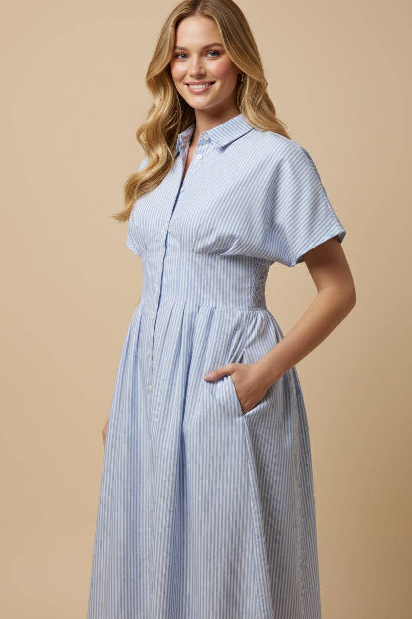 Women Button Down Pintucked Waist Dress
