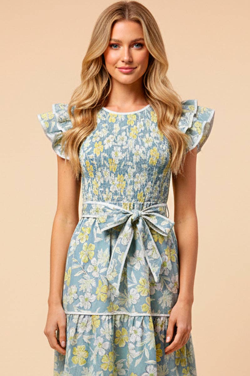 Womens Floral Self Belted Ruffled Sleeve Dress