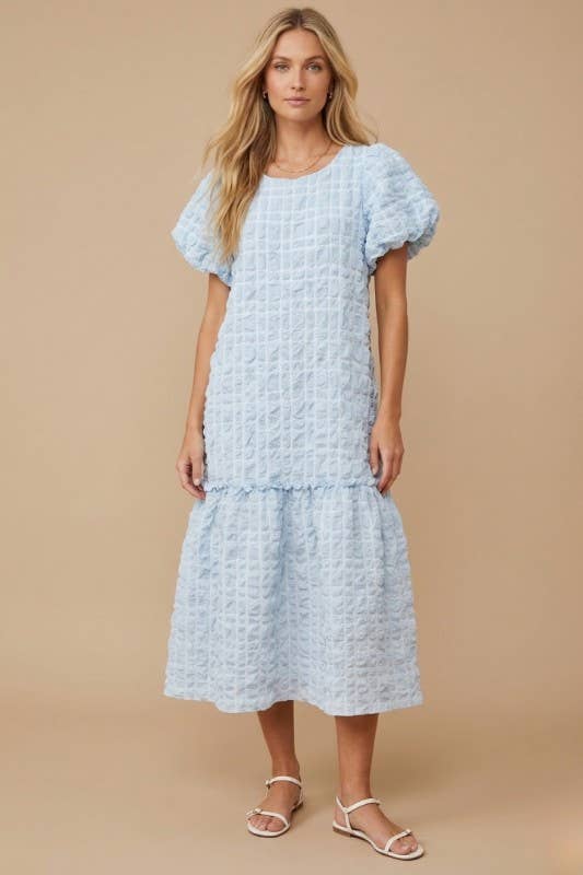 (Plus) Textured Puff-Sleeve Midi Dress