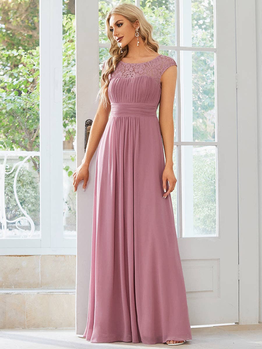 Cap Sleeve A Line Lace & Chiffon Evening Dress