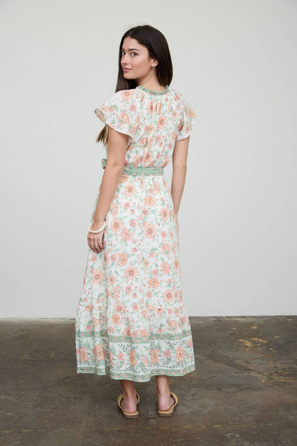 Floral Border Print Belt Strap Midi Dress