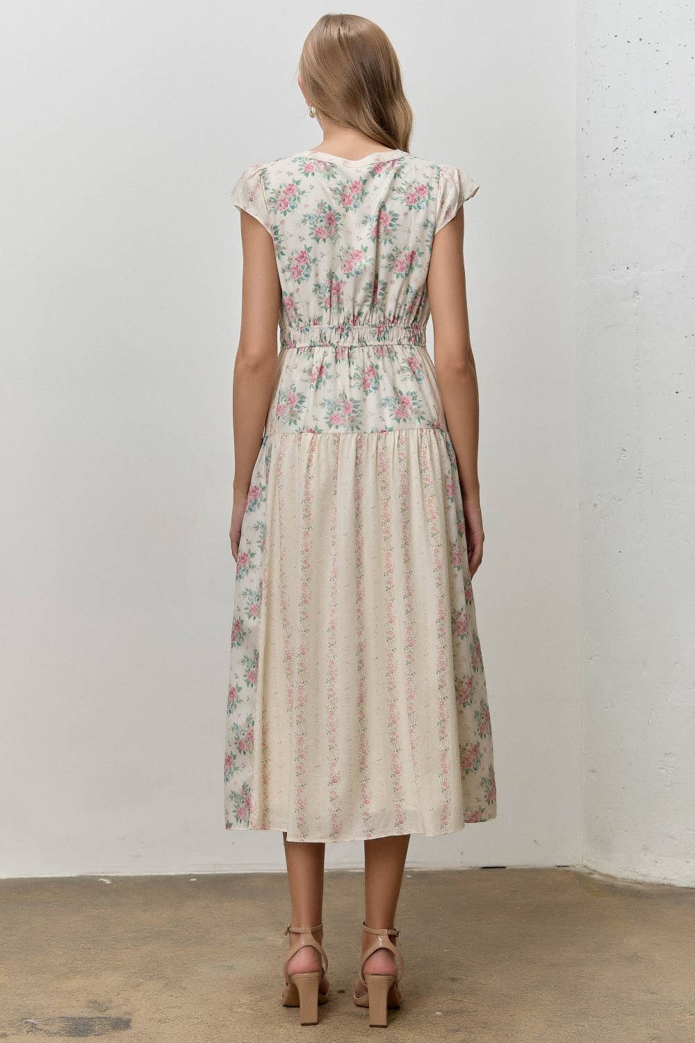 Mixed Floral Print V-neck Midi Dress