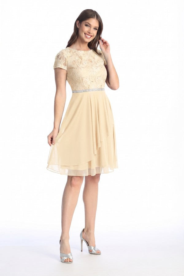 Lace & Chiffon Rhinestone Belt Dress