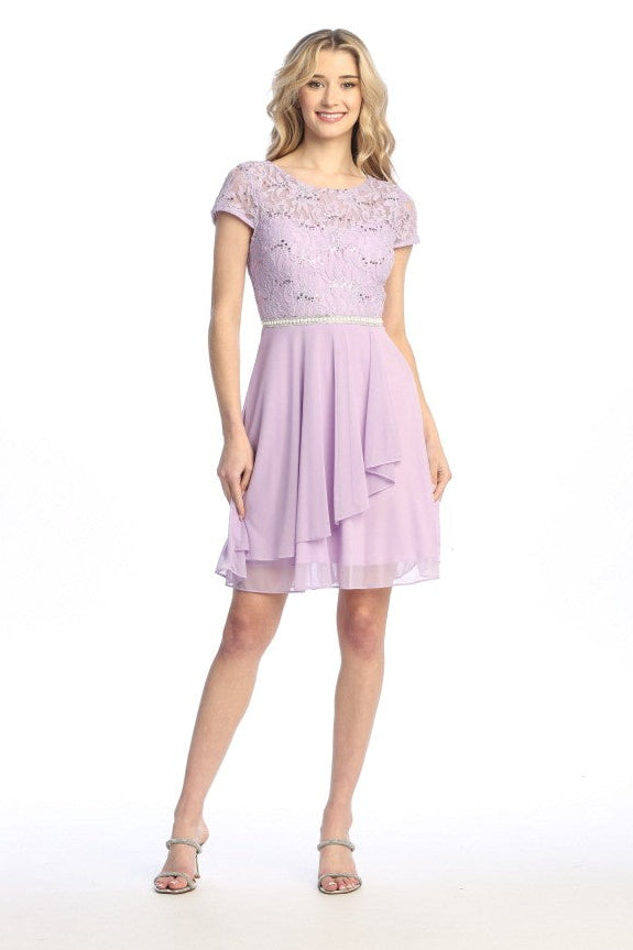 Lace & Chiffon Rhinestone Belt Dress
