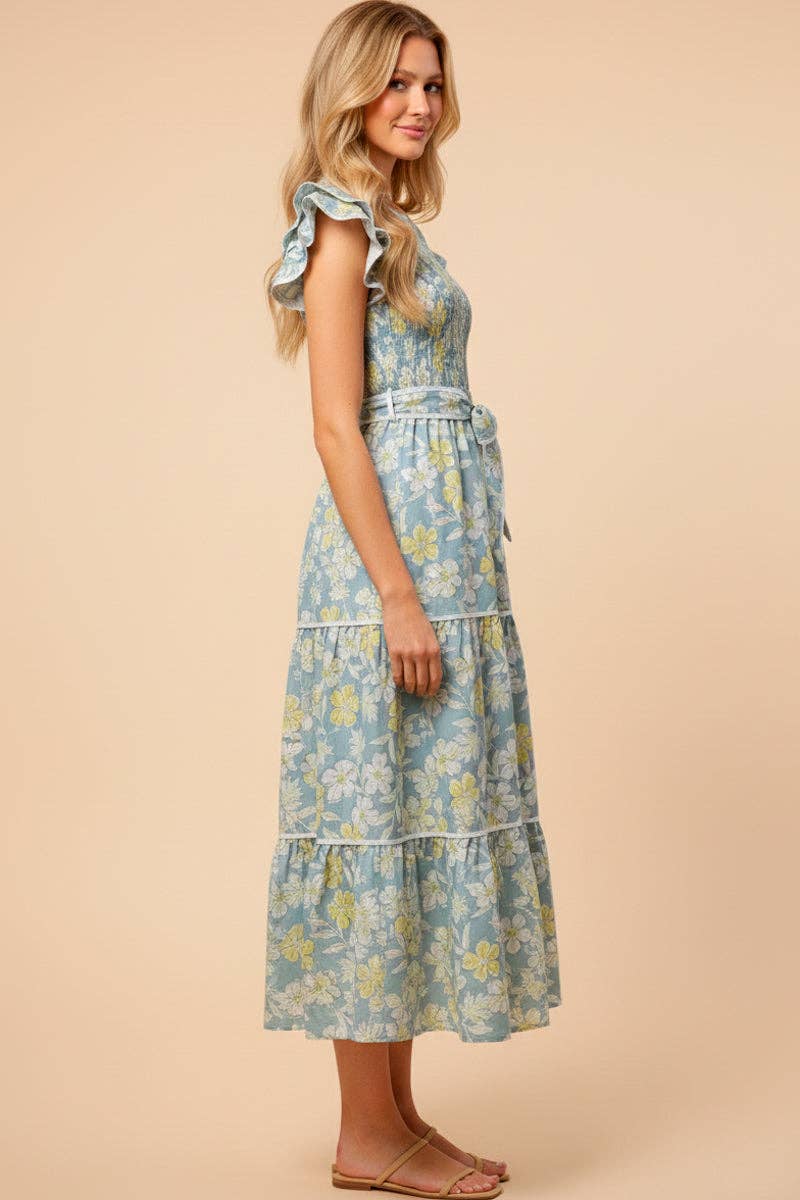 Womens Floral Self Belted Ruffled Sleeve Dress