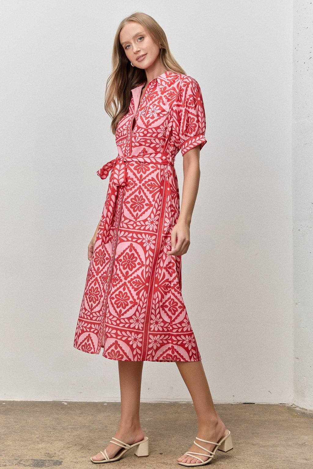 Floral Print Waist Tie Midi Shirt Dress(extended sizes)