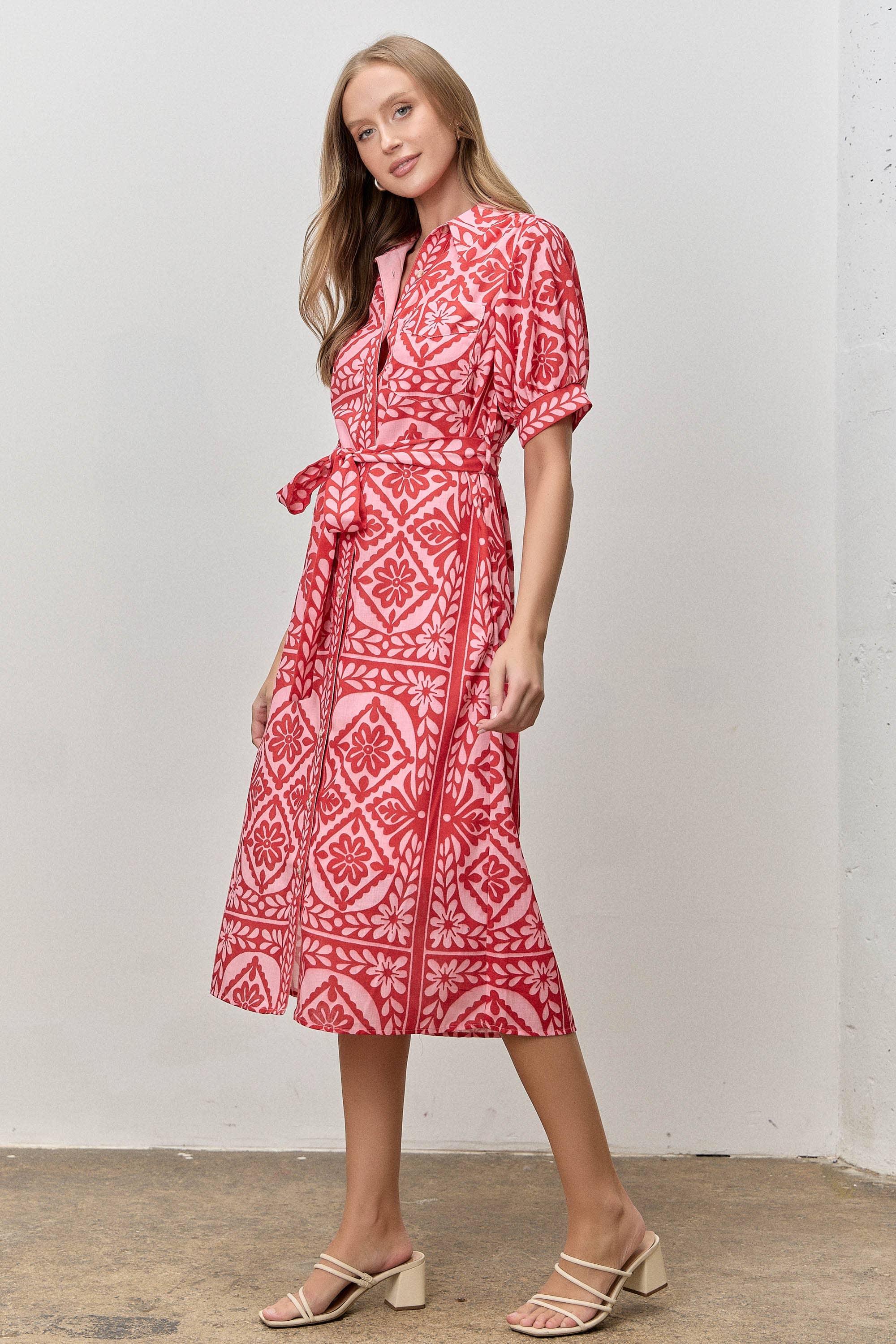 Floral Print Waist Tie Midi Shirt Dress(extended sizes)