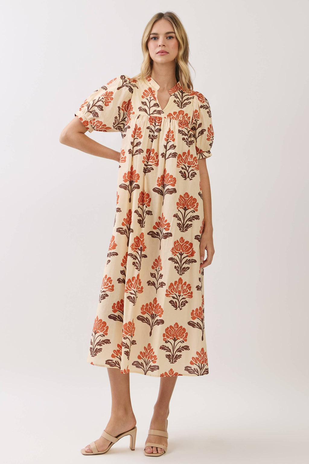CD07309-Botanical Print Babydoll Midi Dress