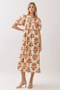 CD07309-Botanical Print Babydoll Midi Dress