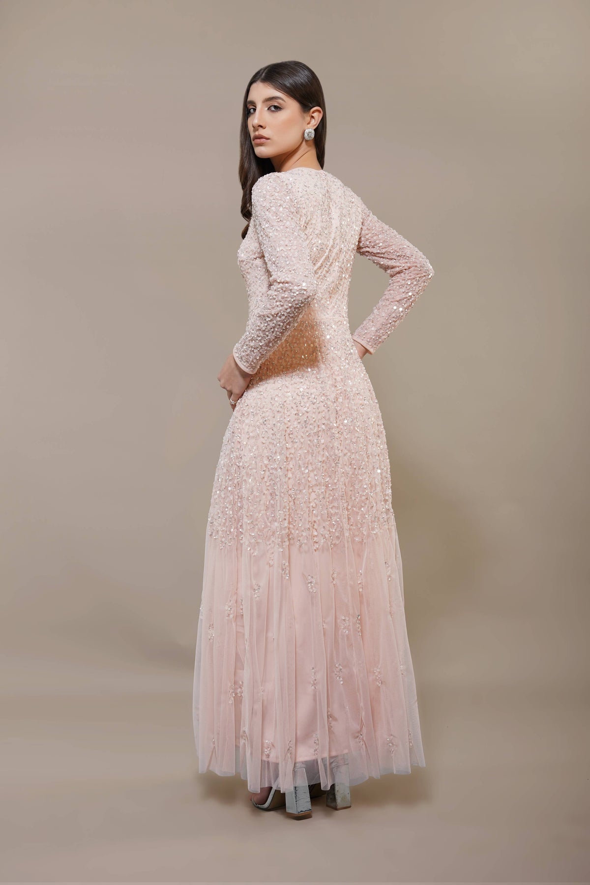 Sila Long Sleeve Embellished Maxi Dress in Blush Pink