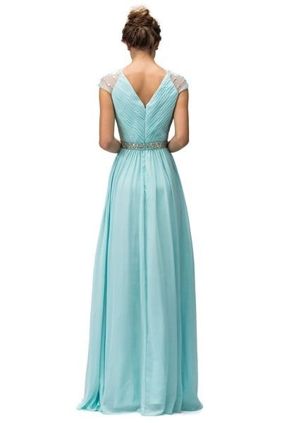 Cap Sleeve Embellished V-Neck Chiffon Gown