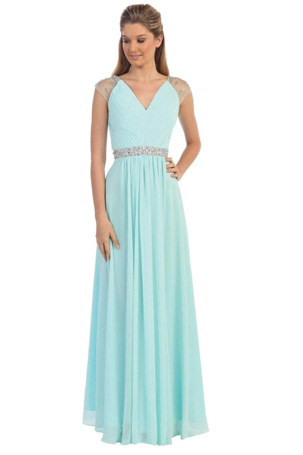Cap Sleeve Embellished V-Neck Chiffon Gown