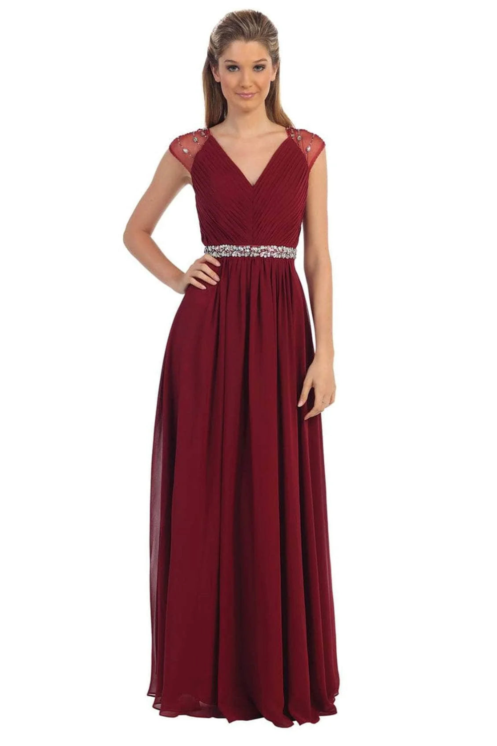 Cap Sleeve Embellished V-Neck Chiffon Gown
