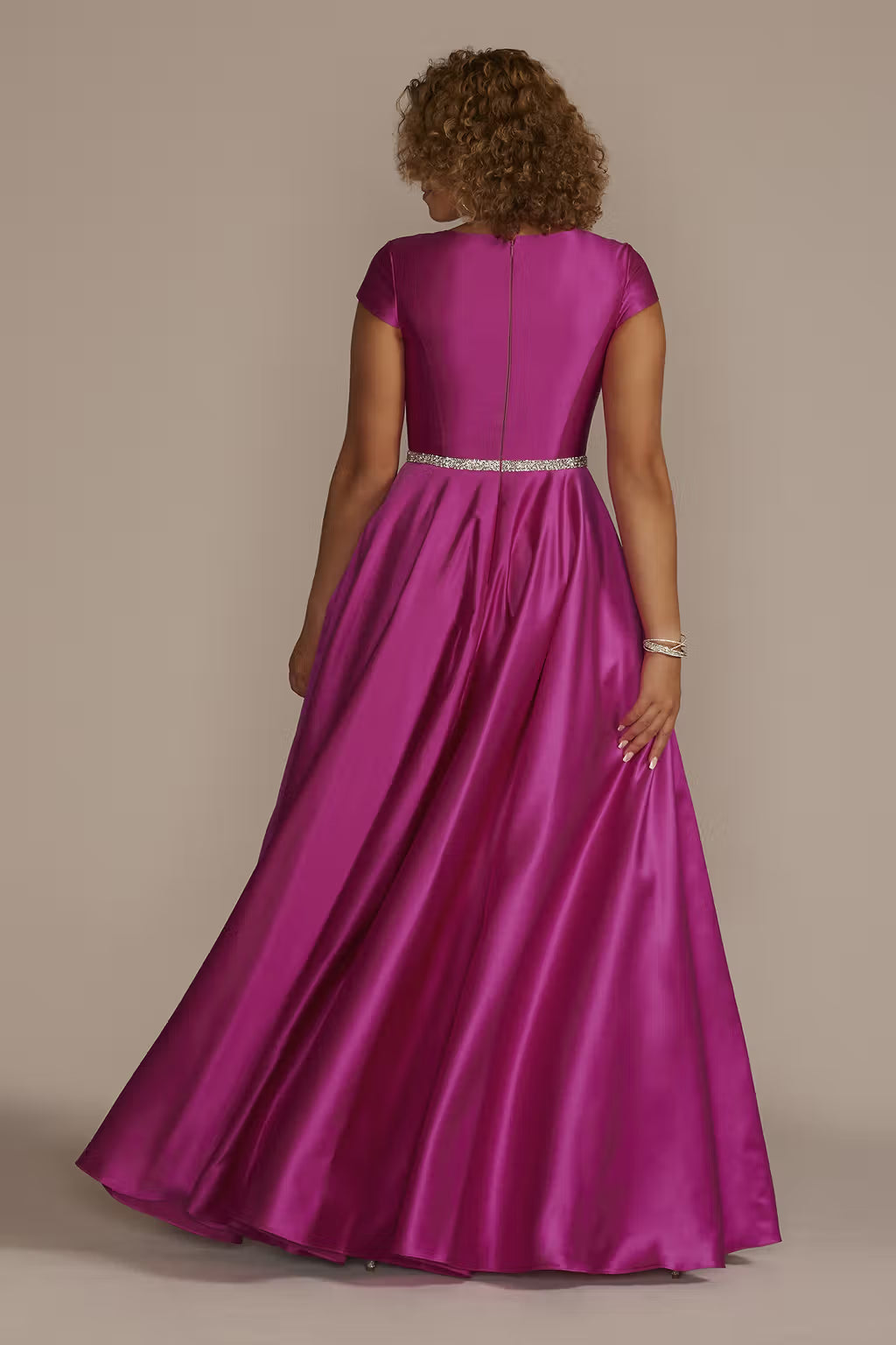 Cap Sleeve Satin Ball Gown With Embellished Waist