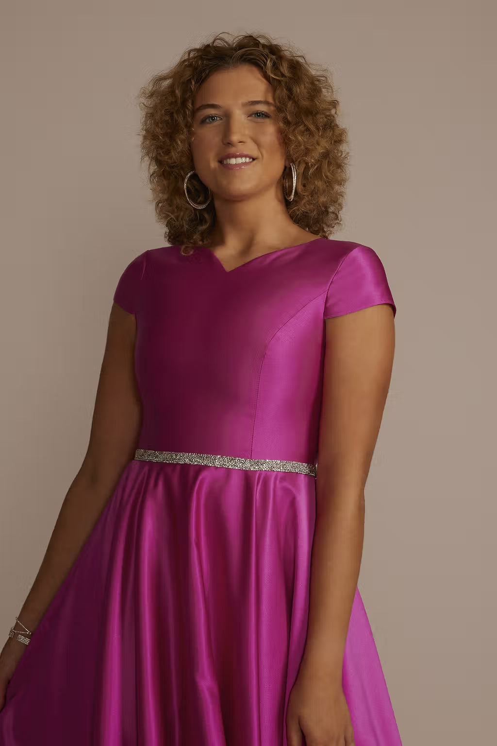 Cap Sleeve Satin Ball Gown With Embellished Waist